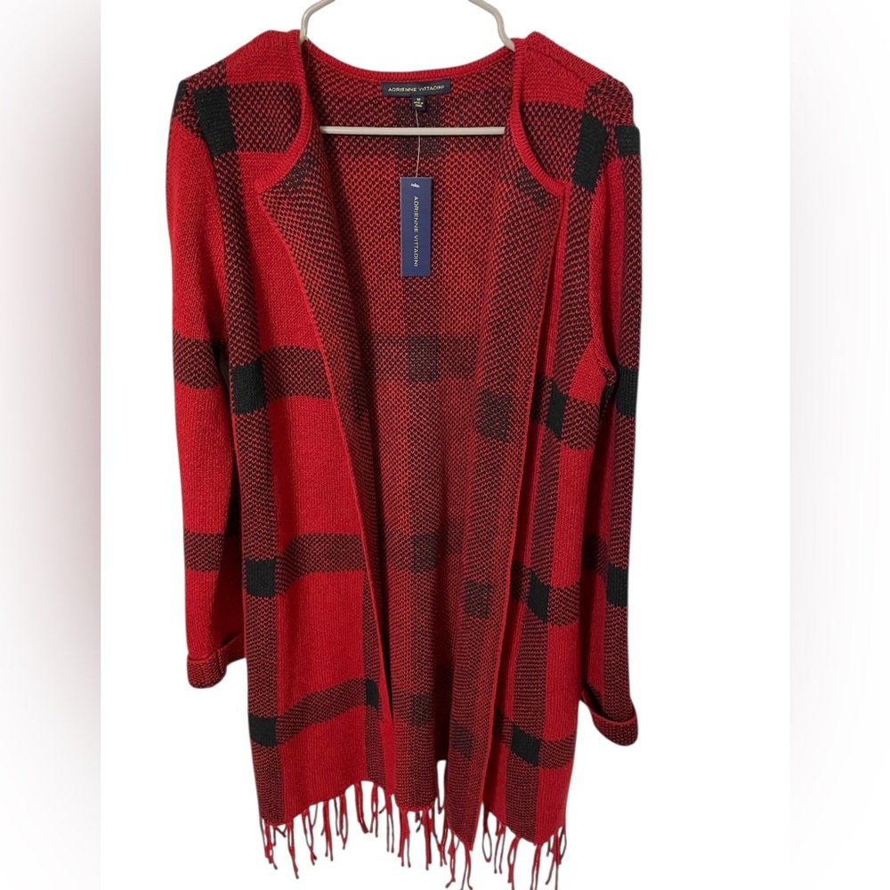 Adrienne Vittadini Red Black Plaid Open Front Fringe Cardigan Sweater M NWT